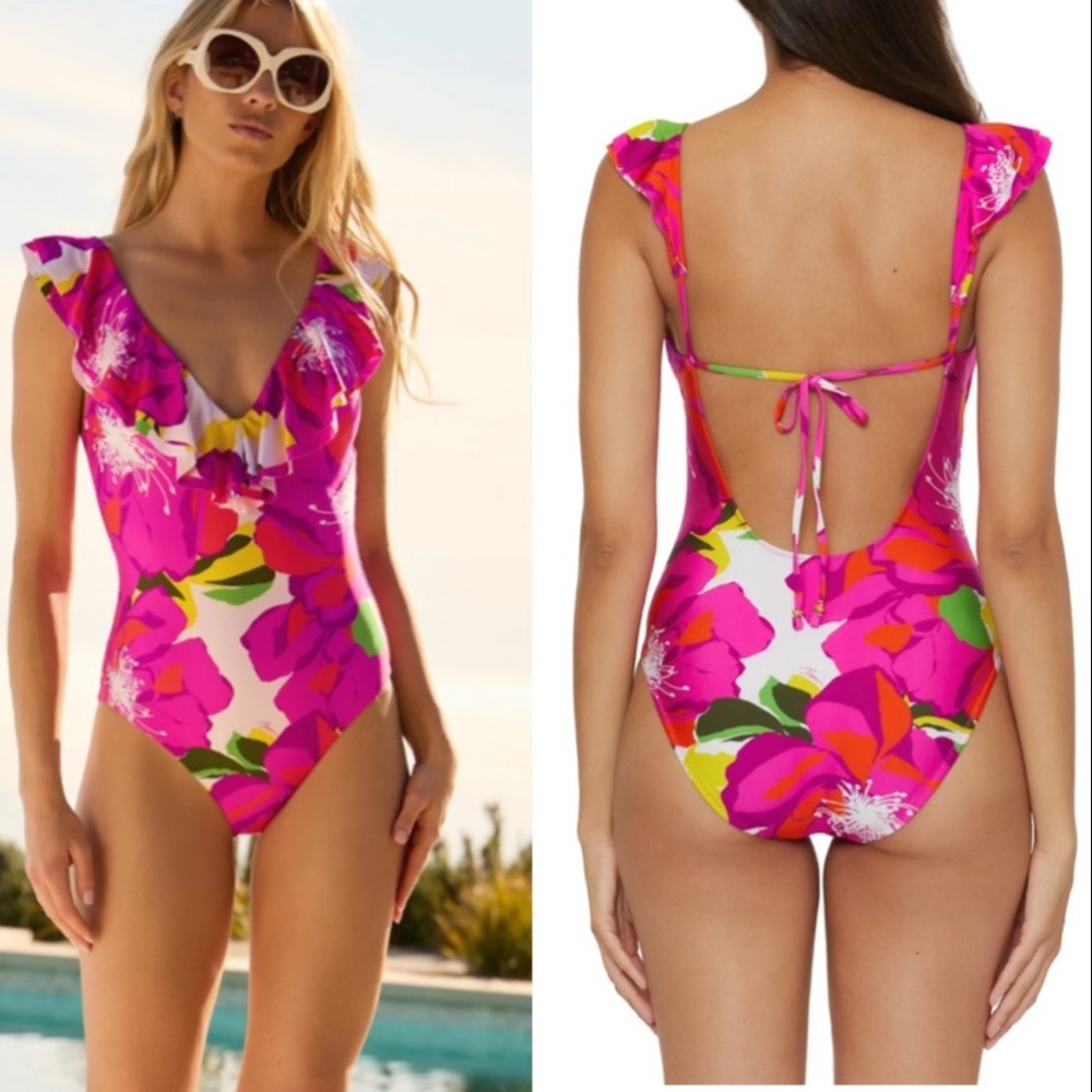 NEW Trina Turk Ruffle One Piece Swimsuit Floral Size Small Resort Wear